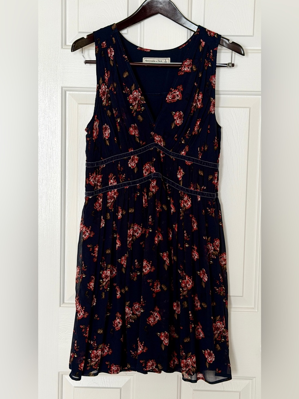 Abercrombie & Fitch Y2K 2000’s Navy Floral Velvet Trim Midi Dress L - Picture 8 of 11